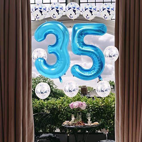 12шт Набор от Сини Балони Номер 35 Комплект Балони Гигантски 35 Цифров Балон От Фолио Конфети Латексный Гелиевый Балон Вечерни подарък за 35-ия рожден ден, Годишнина от