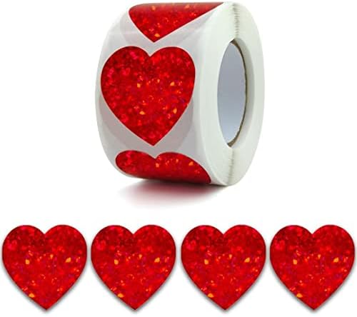 SUJJY 500 БР Блестящи Стикери с Червено Сърце 1.5 Инча Самозалепващи Привързан Етикети Етикети за Сватбена Украса