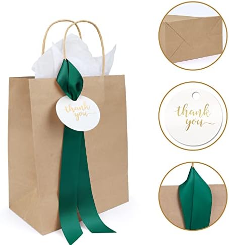 Подаръчни пакети Lesumoo в 12 опаковки с Тъмно Зелени панделки и благодарственными картички, Малки Кафяви Подаръчни торбички