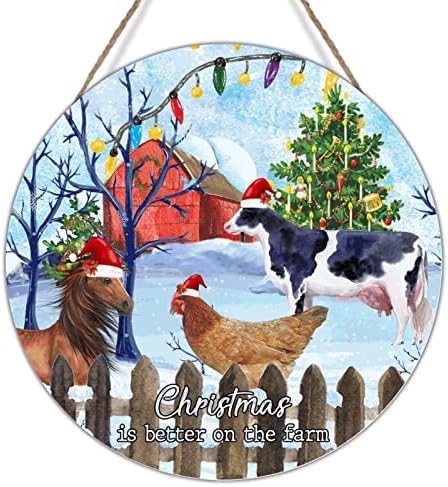 Коледа е по-добре във Фермата Дървена Табела с Надпис Коледен Венец на Входната Врата на Зимния Сняг Червена Плевня Селскостопанско Животно Селски Знаци за Декора?