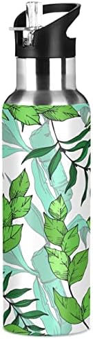 ALAZA Пресни Зелени Листа от Тропически Растения Бутилка За Вода със Сламен Капак Термос от Неръждаема Стомана С Вакуумна Изолация Бутилка За Вода 32 грама
