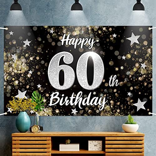 Голям банер Nelbiirth Happy 60th Birthday с черно-сребърна звезда - Поздравления честит рожден Ден Шестидесятилетнему
