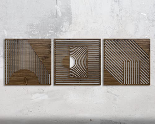 Абстрактен дървен стенен артистичен интериор, геометрично дървена монтиране на украса от 3 части, Много голямо геометрично стенно изкуство