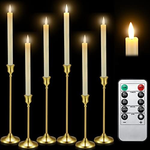 6 Комплекта Беспламенных Конусни Свещи и Златни Свещници с Дистанционно Управление, Работещи на Батерии, Беспламенные Свещи