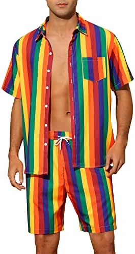 Мъжки Хавайски комплекти Lars Amadeus на ивици, 2 броя, Плажна Риза с Къс ръкав и Копчета, Панталони с