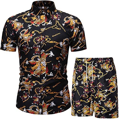 XXBR Мъжки Ежедневни Хавайска Риза с копчета и Къс ръкав, Костюми, Подходящи Плажни Цветни Комплекти от 2 теми За