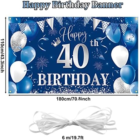 на фона на банер на 40-ия ден от раждането, BTZO Happy 40th Birthday Decorations, Синьо, Сребристо Текстилен Фон за Снимки на