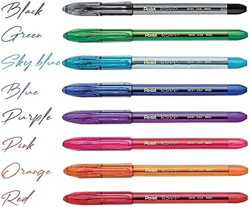 Дръжки RSVP Цветни химикалки Medium Point, цветни дръжки, 8 броя в опаковка и огромна поправяне на лентата бял цвят
