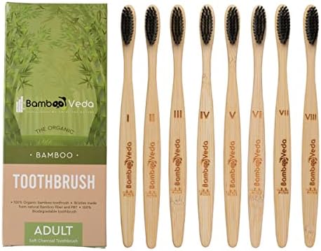 Бамбукови четки за зъби Bambooveda (8 пакети) | четки за Зъби с меки косми от дървени въглища, които не съдържат найлон и бисфенол А | Екологично Чист Набор от зъбни четки о?