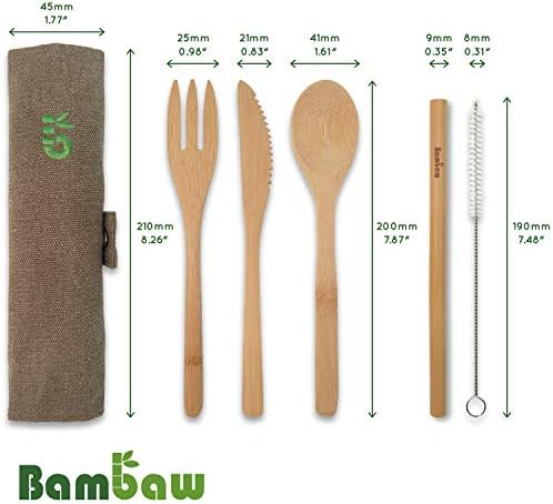 Комплект бамбукови прибори за хранене | Комплект прибори за пътуване | Екологично Чист Набор от прибори за хранене | Нож, Вилица, Лъжица и Соломинка | Комплект дървен