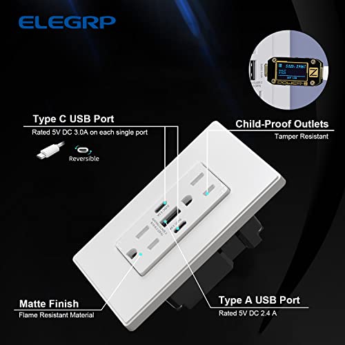 ELEGRP 30 W 6,0-Амперная 3-Портов USB-изход, 15-Амперная гнездо с два порта USB Type C Type A, USB-зарядно устройство