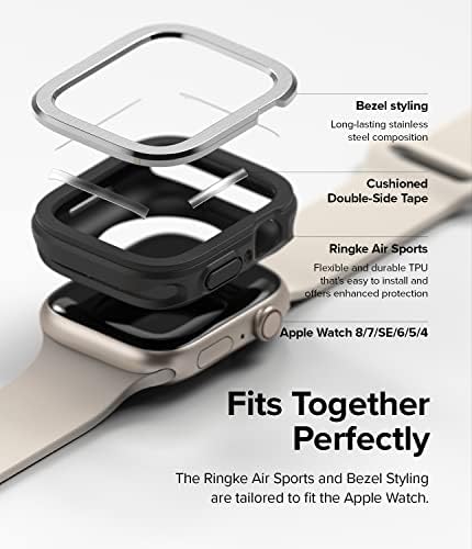 Дизайн Ringke Air Sports + Bezel [Калъф от TPU с рамка от неръждаема стомана] Съвместим с Apple Watch Series 8, 7, SE 2022 45 мм и Apple Watch Серия 6, 5, 4, SE 44 мм - Черен / 30