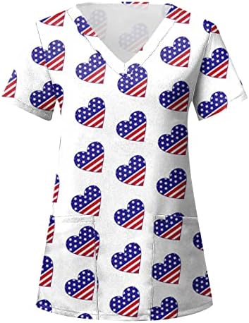 Ризи 4 Юли за Жени с Флага на САЩ, Лятна Тениска с Къс Ръкав и V-образно деколте и 2 Джобове, Блузи, Празнична Ежедневни