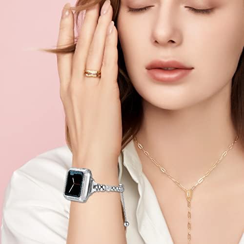 Сребриста каишка от мъниста Dilando Bling за Apple Watch 40 мм и с тънка каишка от розово злато twist, който е Съвместим