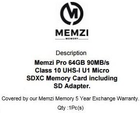 MEMZI PRO 64 GB Class 10 90 MB/s. Карта памет Micro SDXC с SD адаптер за Sony Xperia 1/10/10 Plus, XZ3/XZ2/XZ1/XZ/X Premium/Compact,