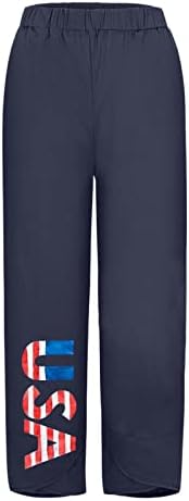 На 4 юли Памук, Ленени Панталони Дамски Летни Ежедневни Панталони с Джобове Американски Флаг Удобни Плажни Панталони на