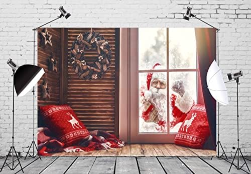 BELECO 10x8ft Текстилен Фон на Дядо Коледа Коледна Прозорец Снежна Сцена Ретро Интериора в Стаята Коледна Гирлянда Звезди Декор