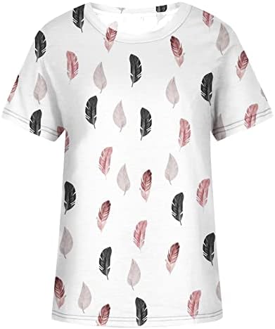 Тениска за Момичета с Къс Ръкав и Кръгло Деколте, Шарени Блузи с Принтом във формата на Цветни Блокове и Пера, Тениски Дамски