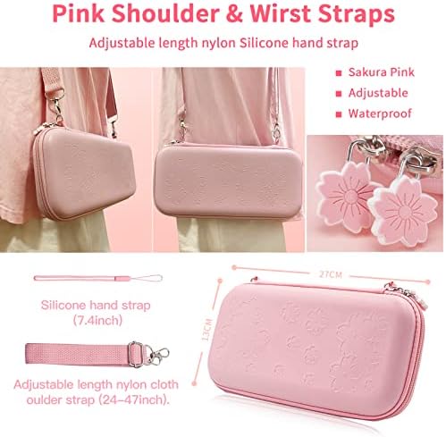 HLRAO Розово пътна чанта за носене съвместим с комплект аксесоари за Nintendo Switch OLED с розови лепенки за