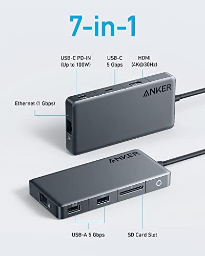 Хъб Anker USB C, 341 hub USB-C (7 в 1, 4K, HDMI) с 3 порта за предаване на данни USB-C и USB-A със скорост 3-5 Gbit/с, дисплей 4K, HDMI, Ethernet и нови найлонови кабел Anker USB C-USB C 100 W 10 фута, със зарядно, ка?