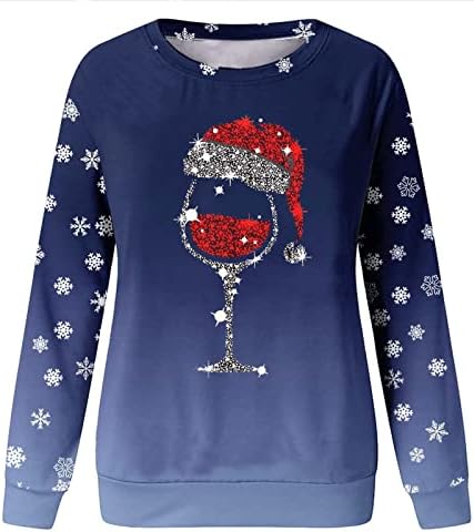 Коледни Блузи за Жени, Пуловер с Принтом под формата на Чаши Червено Вино във формата на Снежинки, Празнични