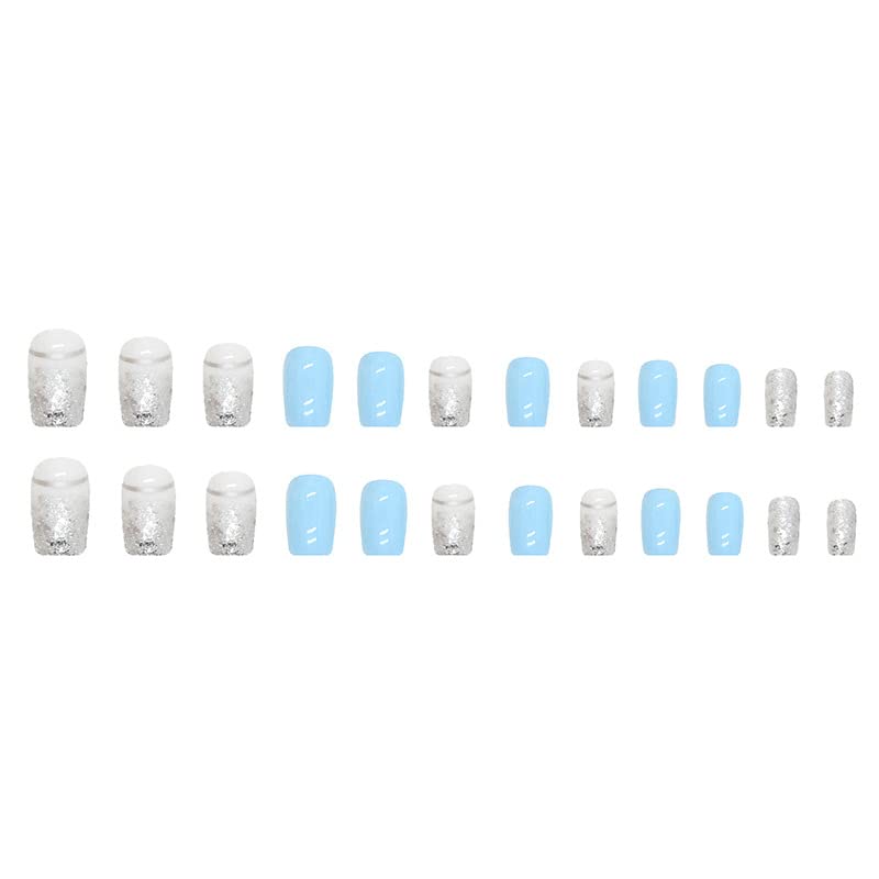 VEDAR Синьо-бяло блестящо рисуване на ноктите с блестящ дизайн, Сребристо фигура за нокти, Къси нокти Popart светло