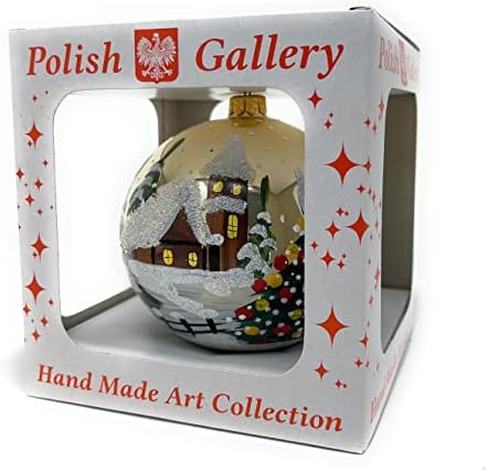 Полска галерия Коледна украса, Зимна Къща, Выдувной Стъклена Топка 5 инча (Шампанско Гланцово, 120 мм)