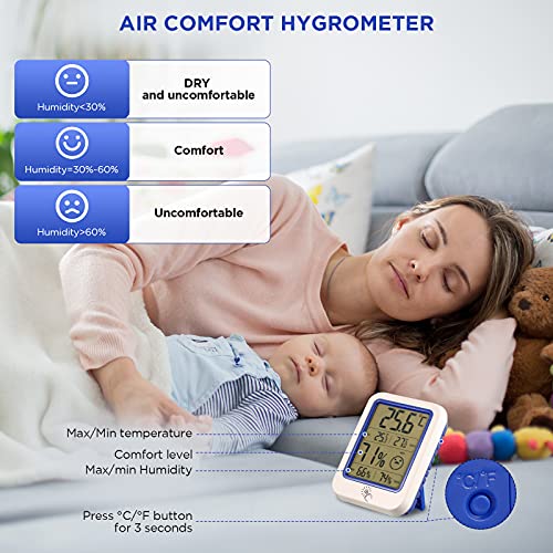 дигитален Влагомер odorsin, Термометър за стая, Сензор за температура и влажност с Максимално/Минимално записи и дисплей със