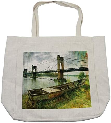 Пазарска чанта Ambesonne с гледката, мост и старата лодка на брега на река, Ностальгическая градска картина в стил Очукан