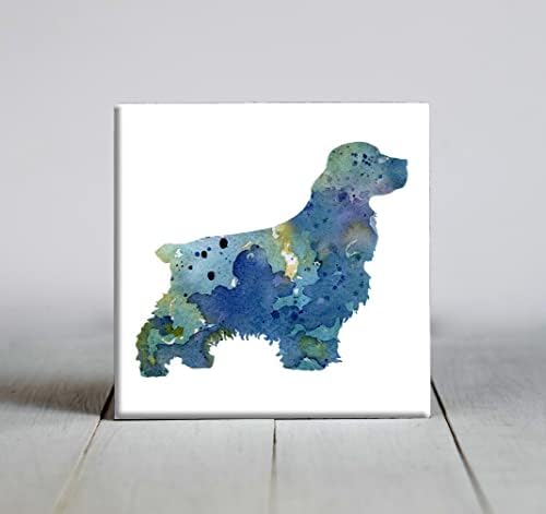 Сини декоративни плочки с абстрактен модел на куче кокер-шпаньол, акварел (4.25 x 4.25)