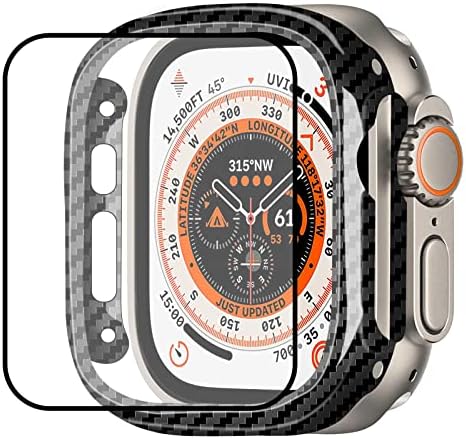 Моноуглеродный калъф от настоящето въглеродни влакна, който е съвместим с Apple Watch Ultra 49 мм, 45 мм серия 8/7, калъф с луксозен дизайн (Apple Watch Ultra, 49 мм лъскаво черен)