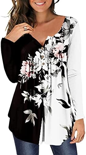 Дамски блузи-Ризи Хенли с дълъг ръкав Туника с V-образно деколте, Потник с принтом, Туники, копчета, Струящиеся Нагънат Блузи-люлка, Ризи