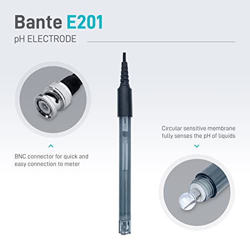 Комбиниран рн-електрод Bante E201 | pH-сонда | Диапазон на pH от 0 до 14, конектор BNC, кабел с дължина 3,3 фута,