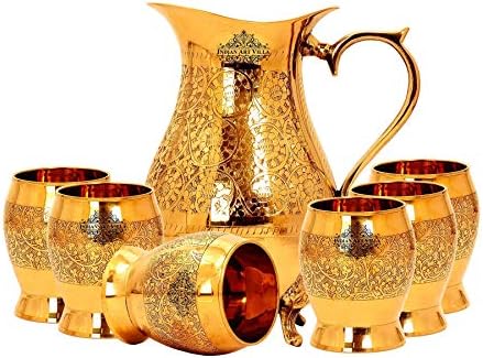 Дизайн латунного Стомна ръчно изработени Indian Art Villa с 6 Стъкла, 7 предмети, злато.