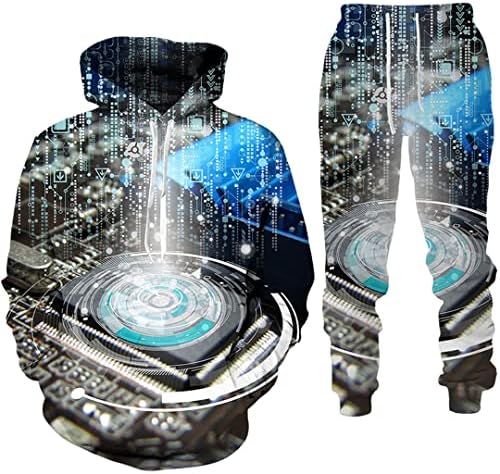 KNTUMQ Забавен Електронен Чип С 3D Принтом Hoody Панталони Комплект За Мъже, Жени Harajuku Спортно Облекло за Хип-Хоп