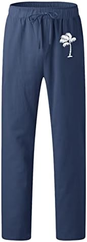 Мъжки панталони са Модерни Ежедневни Ленени Панталони с принтом и джобове Дантела, Панталони Големи Размери Тъмно-Син