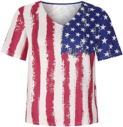 Дамски Ризи Colorblock В Американската Лента е Свободен, Намаляване, Топ Оверсайз, Тениски С Къс Ръкав И V-образно деколте,