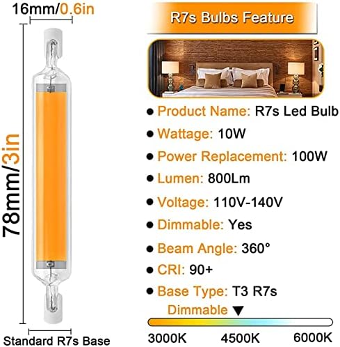 6 X led лампи R7S 78 мм Еквивалент халогенни лампи с мощност 100 W, Led лампа T3 висока яркост мощност 10 W, двойна