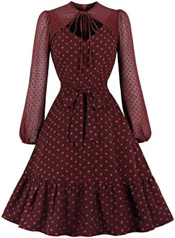 Винтажное Женствена рокля на 1950-те Години В Грах с Носа В Стил Одри Хепбърн, Дантелено Рокля с Дълъг ръкав и V-образно