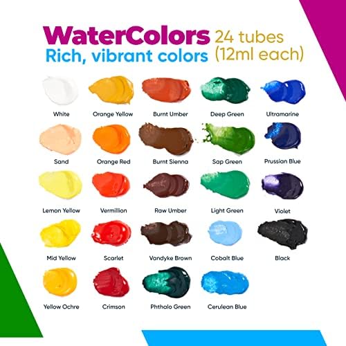 Набор от акварельных бои AEM Hi Arts – Включва 24 цвята, 3 четки, 1 палитра и 20 листа | Равен на хартия, дърво, плат, керамика