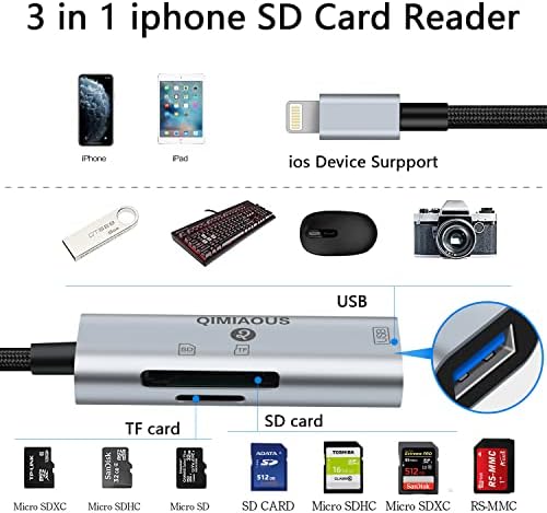 [Сертифициран от Apple Пфи] четец на SD-карти за iPhone, iPad, четец на карти памет QIMIAOUS 3in1 Светкавица за камера
