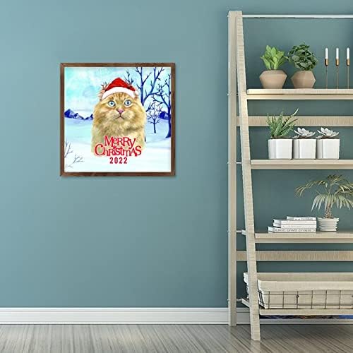 Декорирани Коледни Надписи Шапка на Дядо Коледа Сладък Котка Снежен Пейзаж Реколта Дървена Рамка За Снимки