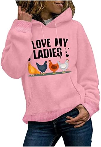 I Love My Ladies Блузи с качулка за Жени Смешно Пиле Графичен Пуловер с Дълъг Ръкав и Завязками Hoody С Джоб