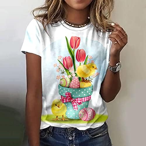 Дамски Тениски на Пасхалната Тема с Къс Ръкав, Сладки Тениски с Образа на Великденски Яйца и Зайчета, Ежедневни