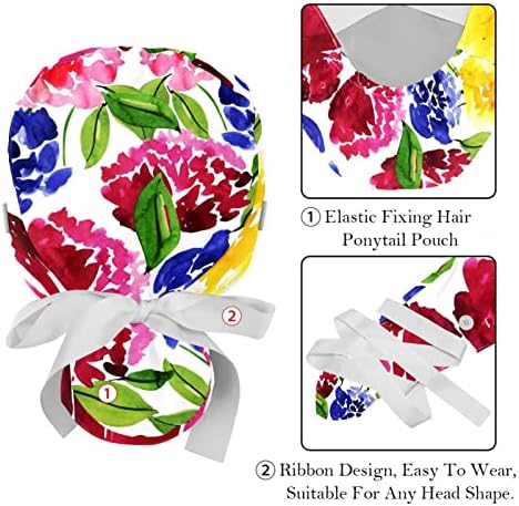 Медицински Шапки за жени с Бутоните за дълга Коса, Регулируема Работна Шапчица от 2 Части, Многоцветни Тропически Цветя