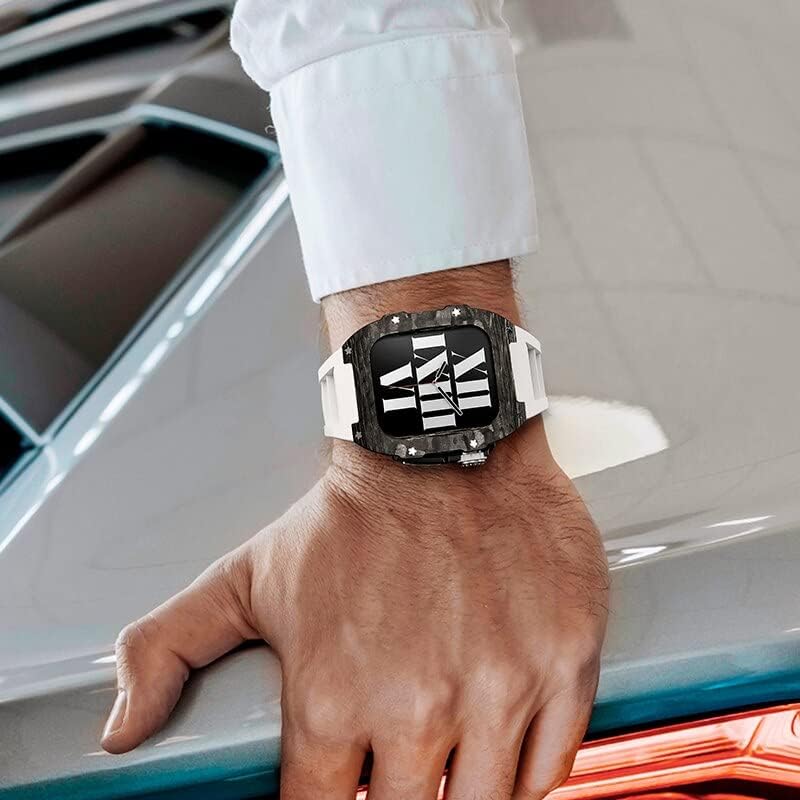 CNHKAU Луксозен калъф от въглеродни влакна за Apple Watch Band 8 45 мм Метална Стоманена Диамантена калъф за Iwatch Series