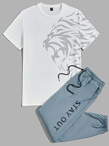 FDSUFDY Комплект дрехи от две части за мъже, Мъжка тениска с принтом лъв и писмото на модел, Панталони експозиции (Цвят: