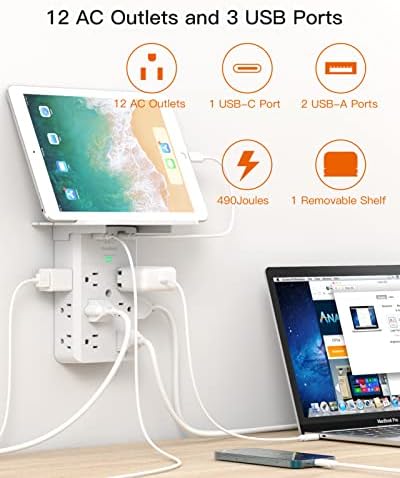 Мрежов филтър с USB Портове, Удължител, Плосък Вилица с Розетки на променлив ток, за Дома, за Пътуване, Офис