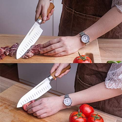 Нож LANDOSAN Santoku 7 инчови Кухненски Ножове Зеленчукови Острие От Неръждаема Стомана Дръжка от Естествена Дървесина