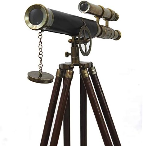 Морската Открит Античен Месинг Кожена телескоп с Кафяв Дървен Статив-пистолет